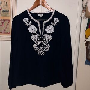 Crown & Ivy Navy Blouse with White Floral Embroidery